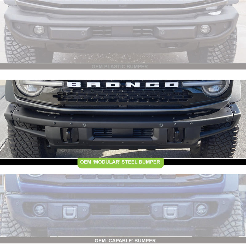 Baja Designs XL Linkable Bumper Light Kit: three stacked photos of Bronco front bumpers labeled OEM plastic, OEM modular steel and OEM capable, with the modular steel bumper highlighted