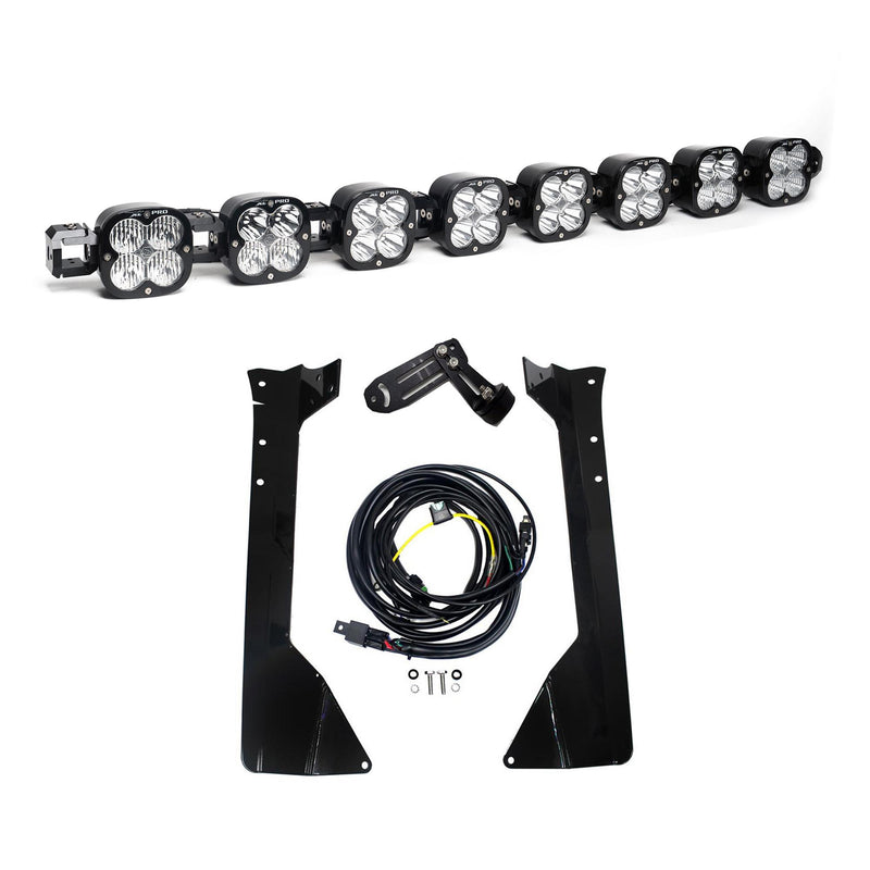 Baja Designs XL Linkable Roof Mount Light Kit, complete kit on a studio background: an eight-pod linkable LED roof bar with tall black windshield brackets, a center mount, harness and hardware on white