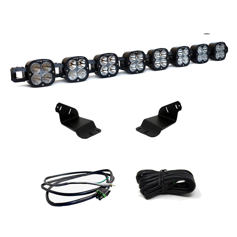 Baja Designs XL Linkable Roof Mount Light Kit, complete kit on a studio background: an eight-pod linkable LED roof bar with two black mounting brackets and two coiled wiring harnesses on white