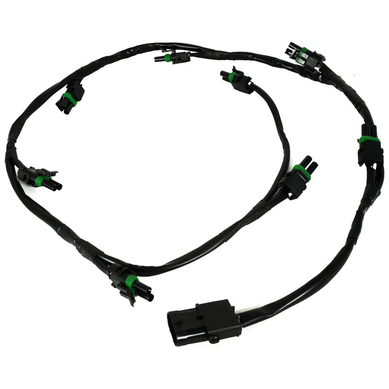 Baja Designs XL Linkable Wiring Harness, whole product on a studio background: A black linkable wiring harness with a main connector and several weatherproof light pigtails on a white background