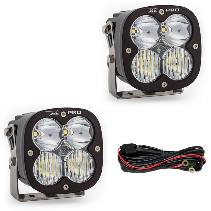 Baja Designs XL Pro Bumper Light Kit, complete kit on a studio background: two black XL Pro pods with clear lenses and wiring on white