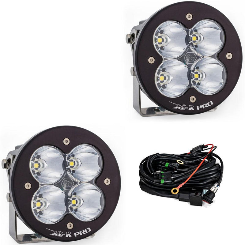 Baja Designs XL-R Pro LED Auxiliary Light Pod Pair, whole product on a studio background: A pair of black XL-R Pro LED light pods