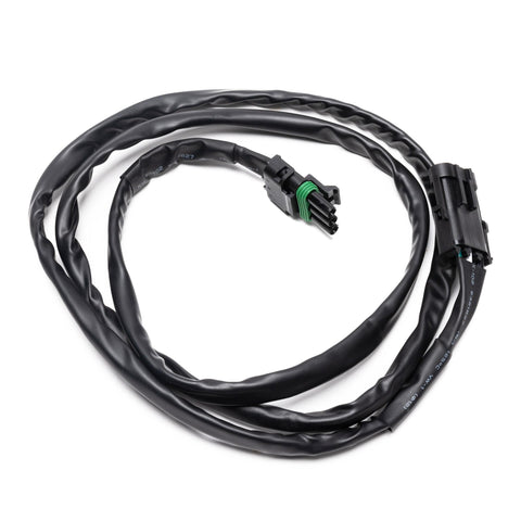 Baja Designs XL/ S8/ OnX6+ 3-pin, 5' Extension, whole product on a studio background: A coiled black extension cable with 3-pin weatherproof connectors on each end