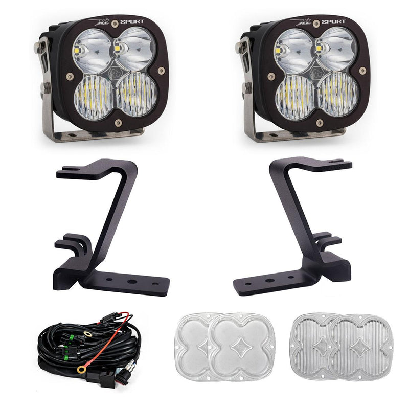 Baja Designs XL Sport A-Pillar Light Kit, complete kit on a studio background: A pair of Baja Designs XL Sport LED pods with black A-pillar mounting brackets and wiring laid out on a white background