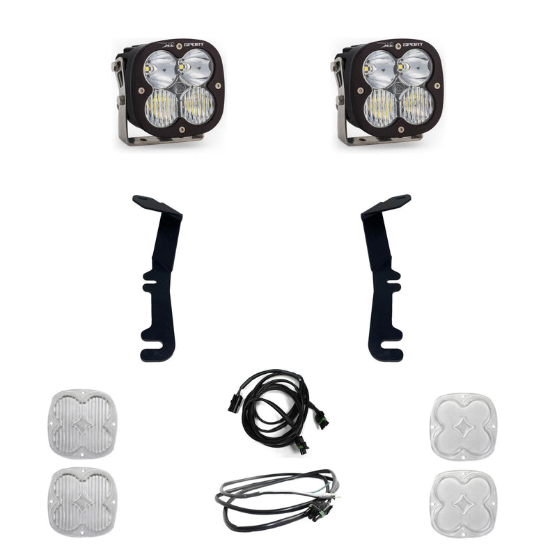 Baja Designs XL Sport A-Pillar Light Kit, complete kit on a studio background: two black XL Sport pods