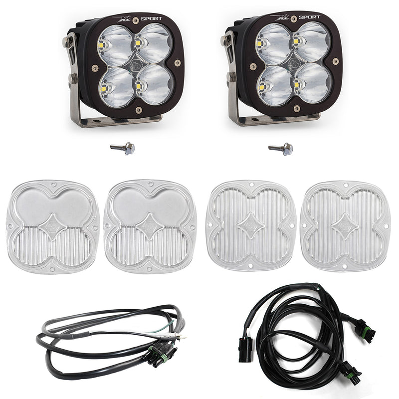 Baja Designs XL Sport A-Pillar Light Kit, complete kit on a studio background: two black XL Sport pods with clear lenses shown with mounting bolts, four clear lens covers and two wiring harnesses on white