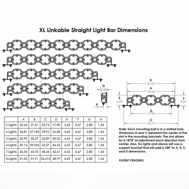Baja Designs XL Sport Linkable LED Light Bar: A line drawing with a dimension table showing XL Linkable straight light bar sizes from three to eight lights
