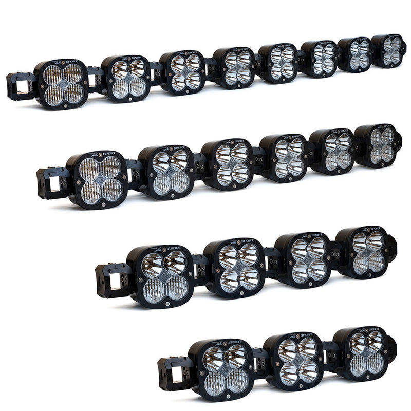 Baja Designs XL Sport Linkable LED Light Bar, whole product on a studio background: four black XL Sport Linkable LED light bars in 8, 6, 4 and 3 light lengths stacked on a white background