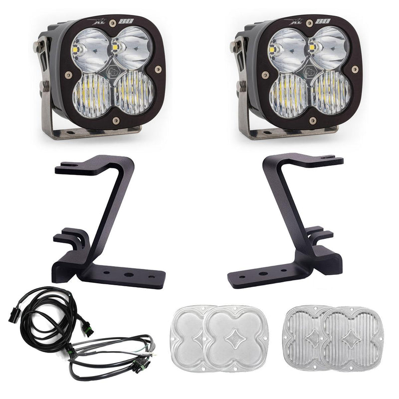 Baja Designs XL80 A-Pillar Light Kit, complete kit on a studio background: A pair of Baja Designs XL80 LED pods