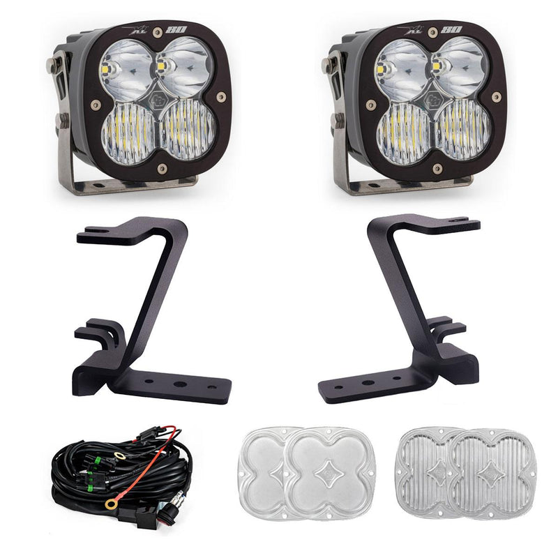 Baja Designs XL80 A-Pillar Light Kit, complete kit on a studio background: A pair of Baja Designs XL80 LED pods with black A-pillar mounting brackets and wiring laid out on a white background