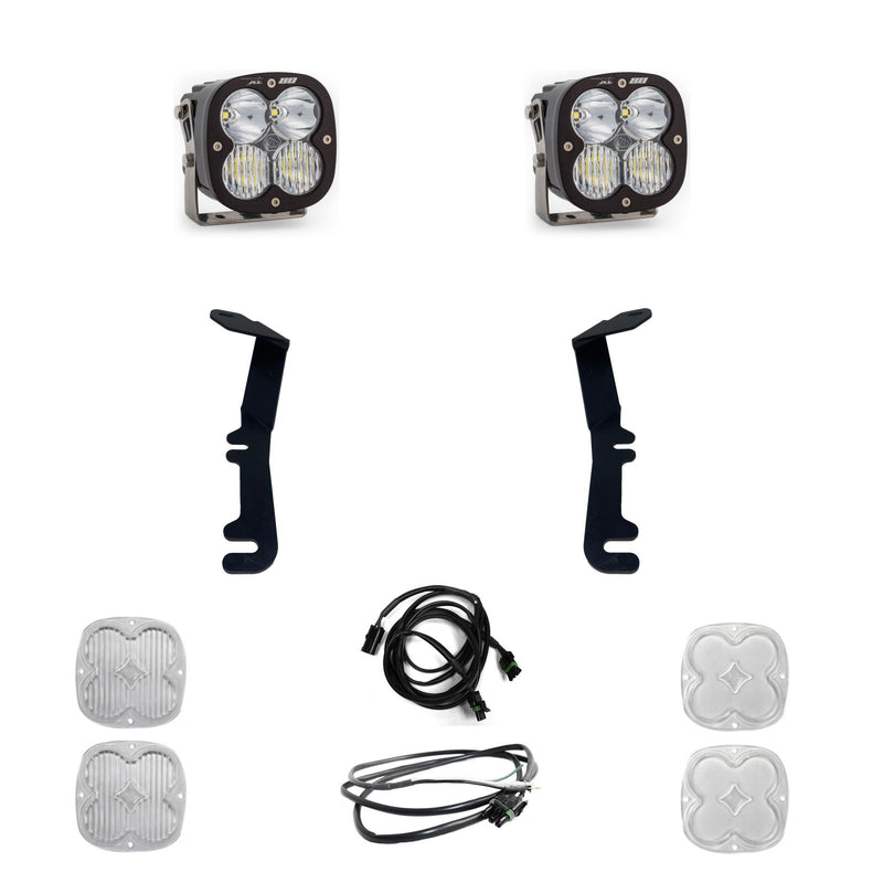 Baja Designs XL80 A-Pillar Light Kit, complete kit on a studio background: two black XL 80 pods