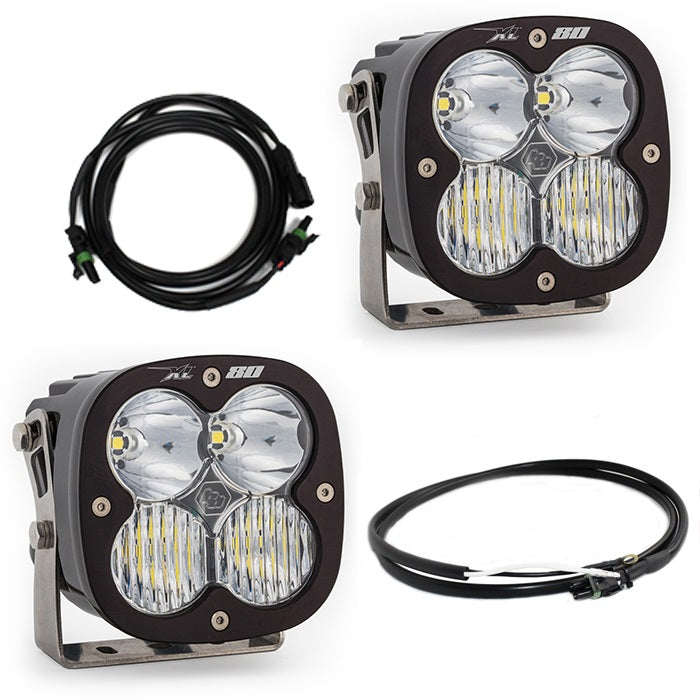 Baja Designs XL80 Bumper Light Kit, complete kit on a studio background: two black XL80 pods with clear lenses and wiring on white