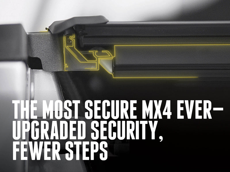 Close-up of the cover rail with the latch outlined, captioned the most secure MX4 ever