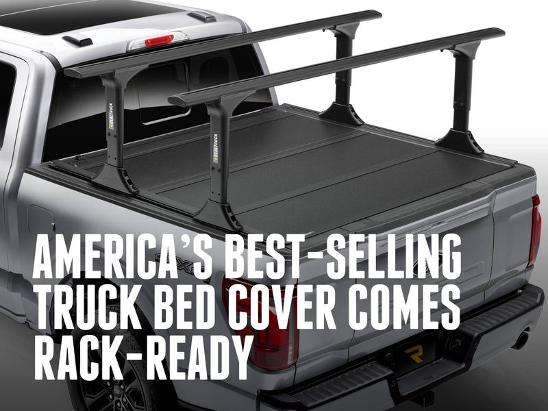 BAKFlip MX4 TS cover with a T-slot rack, captioned America's best-selling truck bed cover comes rack-ready (rack sold separately)