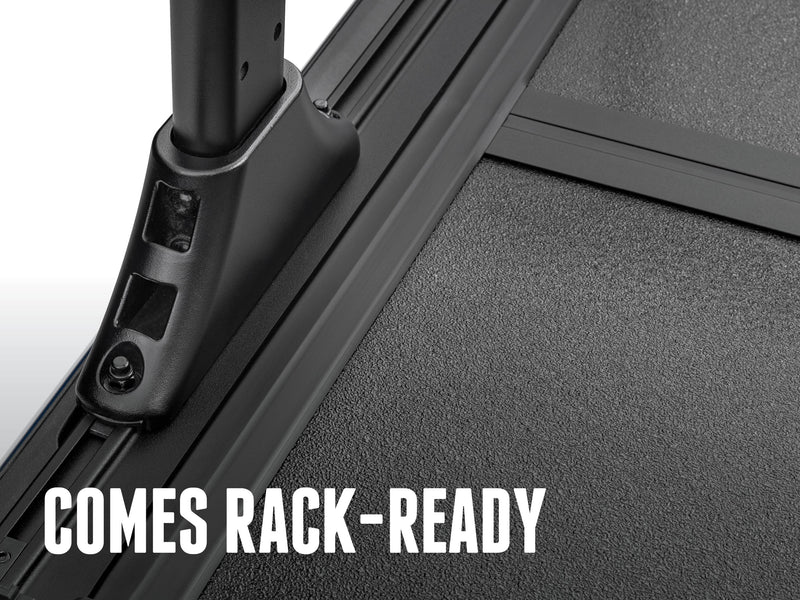 Rack upright clamped into the BAKFlip MX4 TS T-slot rail, captioned comes rack-ready (rack sold separately)