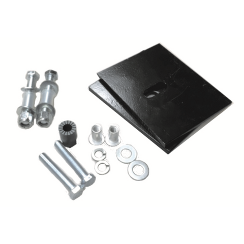 BEDSLIDE aluminum bed install kit hardware laid out on white, showing a black mount plate, bolts, nyloc nuts, flat washers, aluminum riv nuts, a nylon sleeve and the riv nut tool