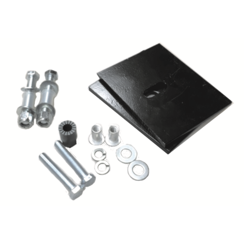 BEDSLIDE aluminum bed install kit hardware laid out on white, showing a black mount plate, bolts, nyloc nuts, flat washers, aluminum riv nuts, a nylon sleeve and the riv nut tool