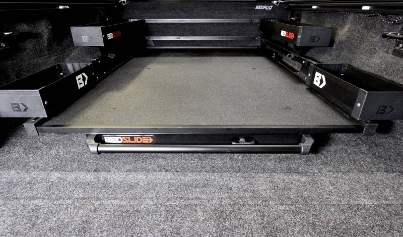 Looking down onto a Black Edition BEDSLIDE deck with the black BEDBIN side and mini bins fitted around the perimeter