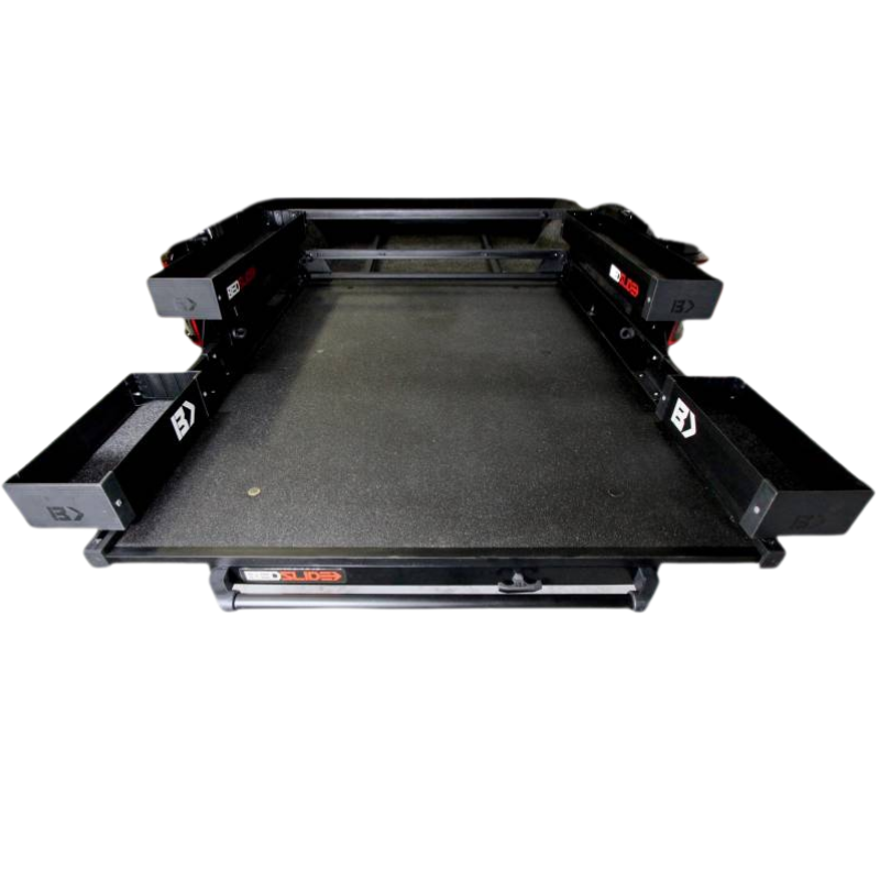 BEDSLIDE BEDBIN complete 5-piece kit in Black Edition, studio view on white showing the Side Kix pair, Mini Kix pair and deck divider fitted to a black slide deck