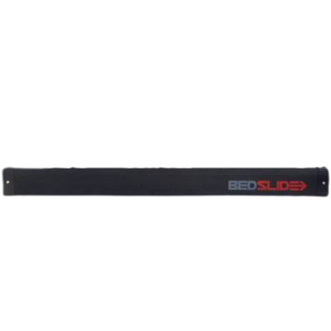 Black Edition BEDSLIDE BEDBIN deck divider, studio view on white showing the matte black extrusion and the white and red BEDSLIDE decal