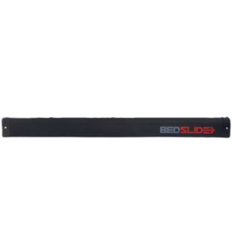 Black Edition BEDSLIDE BEDBIN deck divider, studio view on white showing the matte black extrusion and the white and red BEDSLIDE decal