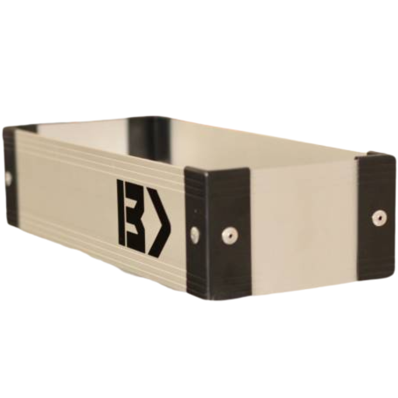 Silver BEDSLIDE BEDBIN Mini Kix bin, studio view on white showing the 7" x 18" aluminum tray with black composite end caps