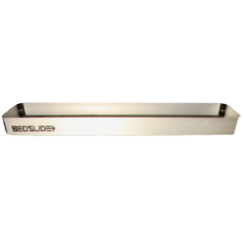 Silver BEDSLIDE upper BEDBIN tray, 16" x 58", studio view on white showing the aluminum tray and the BEDSLIDE decal