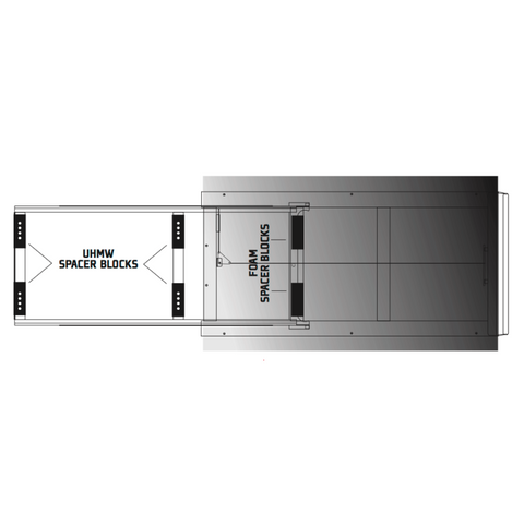 BEDSLIDE lift block kit diagram, a top-down line drawing of a slide frame with the UHMW spacer blocks and foam spacer blocks labelled in their fitted positions