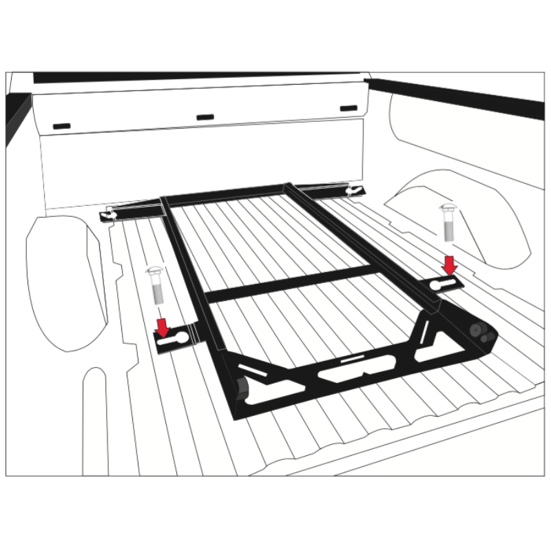 Line drawing of a truck bed seen from above with the BEDSLIDE no-drill bracket frame in place and arrows marking the two fastener locations