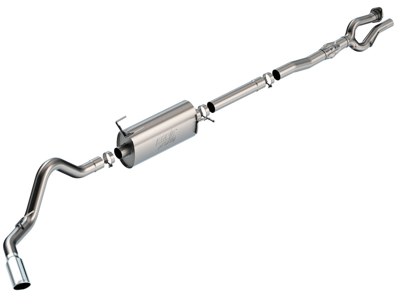 Borla ATAK Cat-Back Exhaust System, full system on a studio background: stainless cat-back exhaust with a single muffler and one polished tip for a side exit, laid out on white