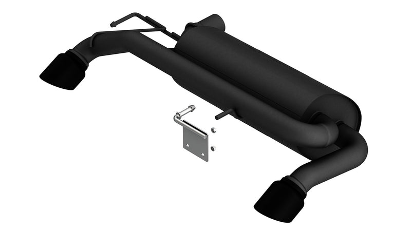Borla ATAK Axle-Back Exhaust System, full system on a studio background: A black ceramic axle-back exhaust with a muffler, mounting bracket and two black tips on white