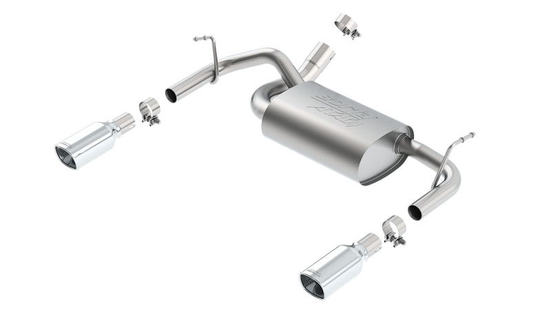 Borla ATAK Axle-Back Exhaust System, full system on a studio background: A dual-exit stainless axle-back exhaust with a center muffler, clamps and two polished tips shown exploded on white