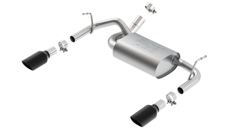 Borla ATAK Axle-Back Exhaust System, full system on a studio background: A dual-exit stainless axle-back exhaust with a center muffler, clamps and two black tips shown exploded on white