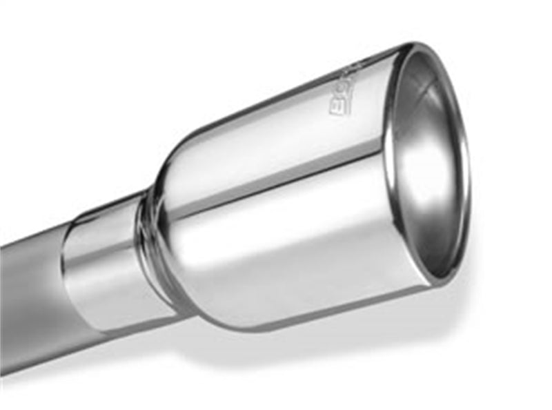 Close-up of the Borla ATAK Axle-Back Exhaust System: close-up of one polished stainless Borla-etched tip