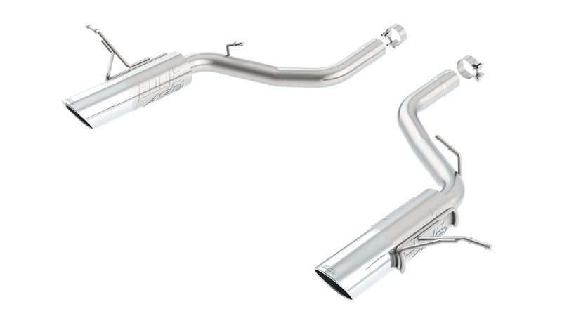 Borla ATAK Axle-Back Exhaust System, full system on a studio background: two stainless axle-back pipe sections with integrated mufflers and polished tips laid out on white