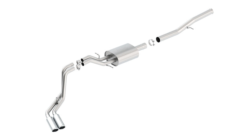 Borla ATAK Cat-Back Exhaust System, full system on a studio background: A stainless cat-back exhaust with one muffler and twin polished tips exiting on one side, laid out on a white background