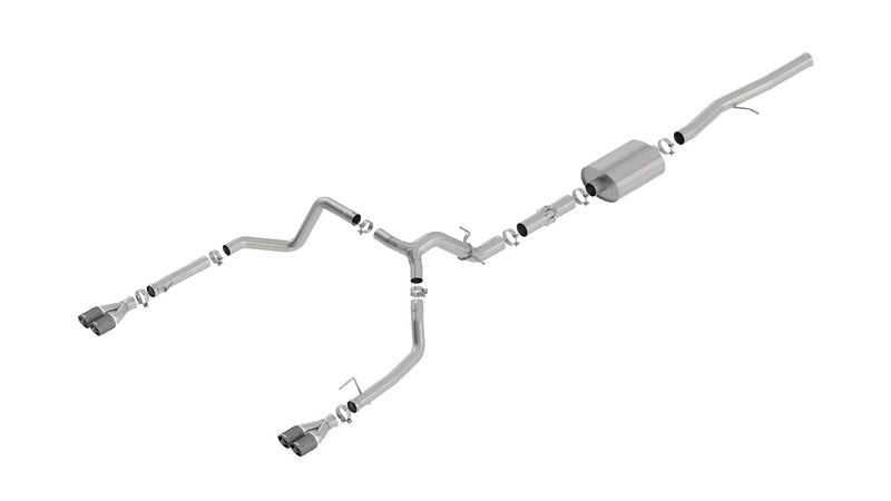 Borla ATAK Cat-Back Exhaust System, full system on a studio background: A stainless dual rear exit cat-back exhaust with one muffler and dark tips laid out on a white background