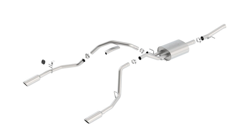 Borla ATAK Cat-Back Exhaust System, full system on a studio background: A stainless dual split rear exit cat-back exhaust with one muffler and two polished tips laid out on a white background