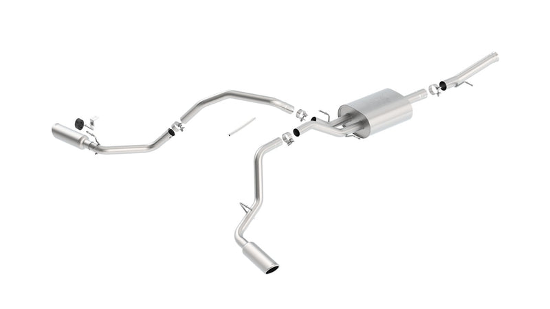 Borla ATAK Cat-Back Exhaust System, full system on a studio background: A stainless dual split rear exit cat-back exhaust with one muffler and two polished tips laid out on a white background