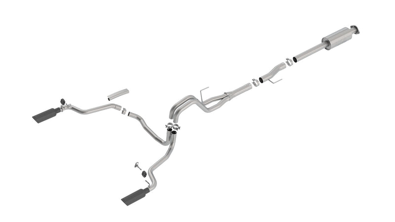 Borla ATAK Cat-Back Exhaust System, full system on a studio background: A stainless dual split rear exit cat-back exhaust with one muffler and two black chrome tips laid out on a white background