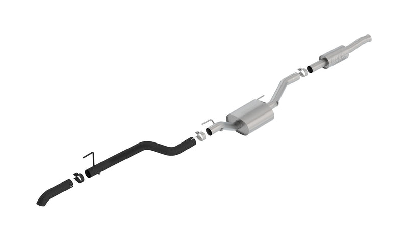 Borla ATAK Cat-Back Exhaust System, full system on a studio background: A stainless single-exit cat-back exhaust with one muffler and a black ceramic coated tail pipe laid out on a white background
