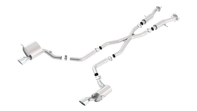 Borla ATAK Cat-Back Exhaust System, full system on a studio background: A stainless X-pipe cat-back exhaust with four mufflers and two polished tips laid out on a white background