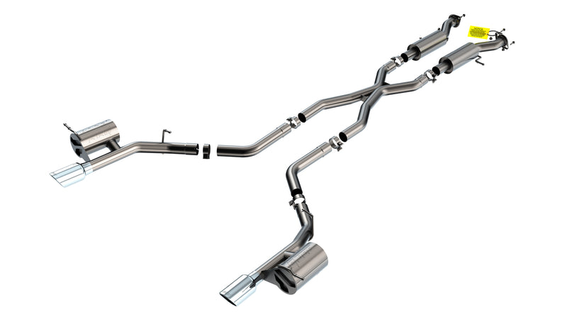 Borla ATAK Cat-Back Exhaust System, full system on a studio background: A stainless X-pipe cat-back exhaust with four mufflers and two polished tips laid out on a white background
