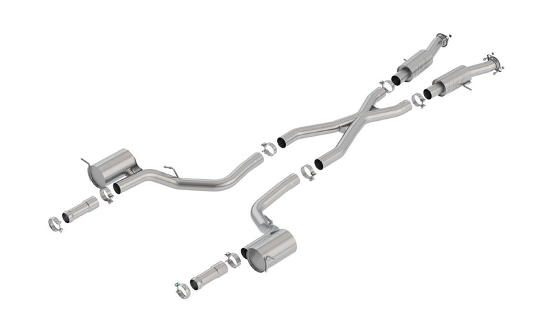Borla ATAK Cat-Back Exhaust System, full system on a studio background: A stainless X-pipe cat-back exhaust with four mufflers and polished tips laid out on a white background