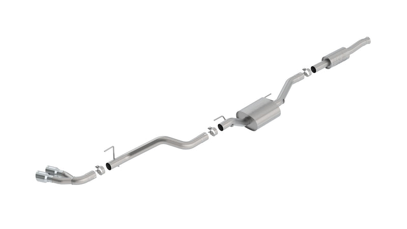 Borla ATAK Cat-Back Exhaust System, full system on a studio background: Borla cat-back exhaust system with mufflers, pipes and dual polished tips laid out on white