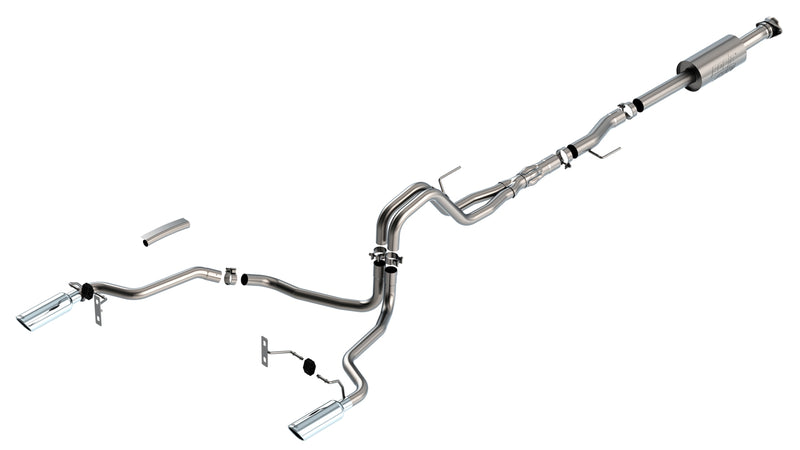 Borla ATAK Cat-Back Exhaust System, full system on a studio background: Borla dual-exit cat-back exhaust system with a muffler and two polished tips laid out on white