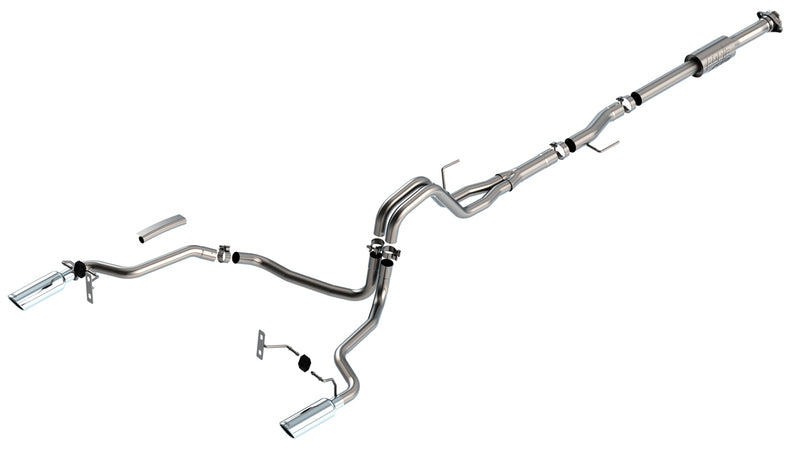 Borla ATAK Cat-Back Exhaust System, full system on a studio background: Borla dual-exit cat-back exhaust system with a muffler and two polished tips laid out on white
