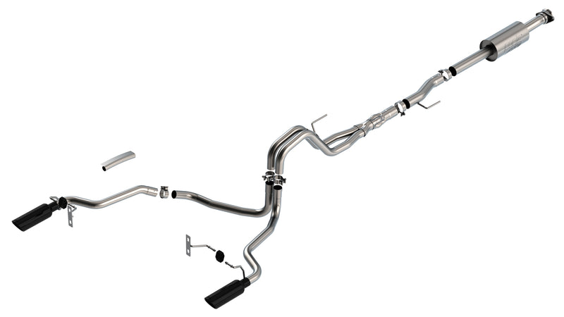 Borla ATAK Cat-Back Exhaust System, full system on a studio background: Borla dual-exit cat-back exhaust system with two black tips laid out on white