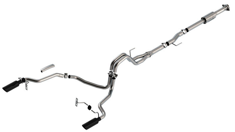 Borla ATAK Cat-Back Exhaust System, full system on a studio background: Borla dual-exit cat-back exhaust system with two black tips laid out on white
