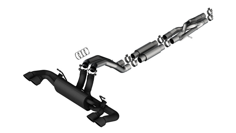 Borla ATAK Cat-Back Exhaust System, full system on a studio background: cat-back exhaust on white with ceramic black rear mufflers and dual tips plus stainless mid pipes